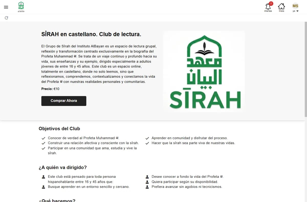 Ficha real de un curso en el aula virtual con su descripción, precio y el botón Comprar Ahora