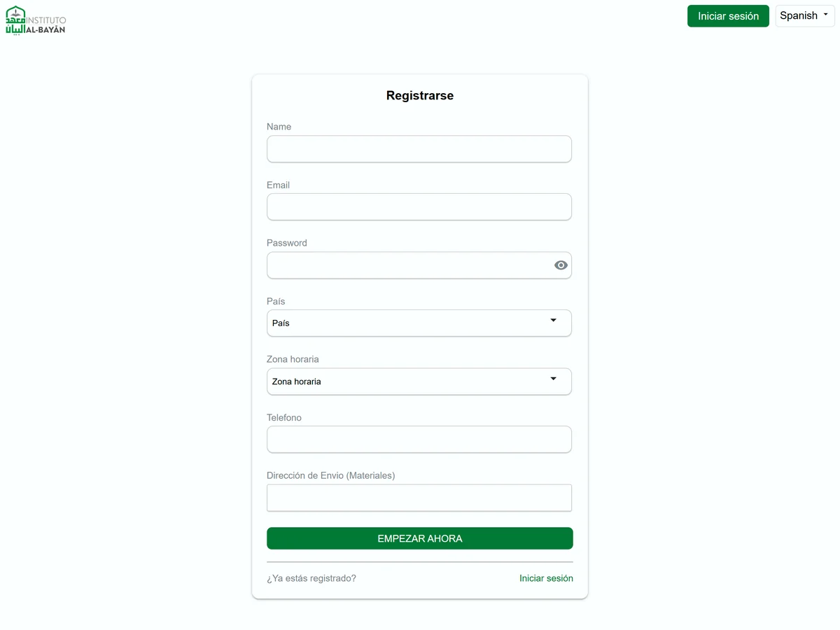 Pantalla real de registro en el aula virtual del Instituto Al-Bayān: formulario para crear la cuenta